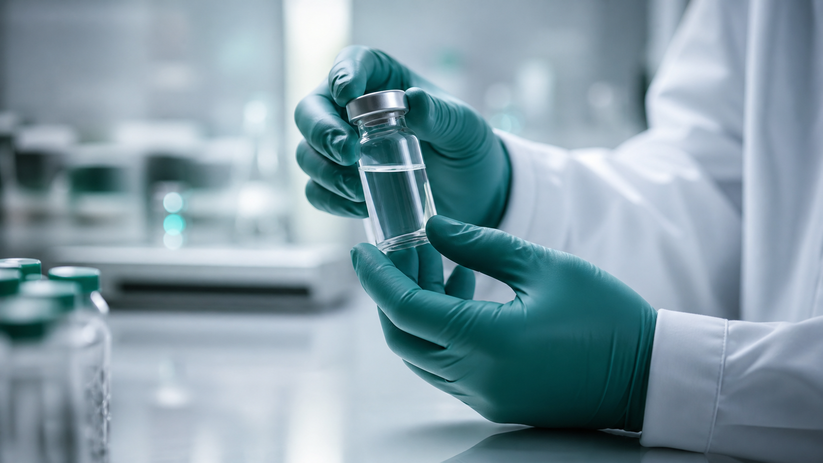 Manos de laboratorio sosteniendo un vial farmacéutico